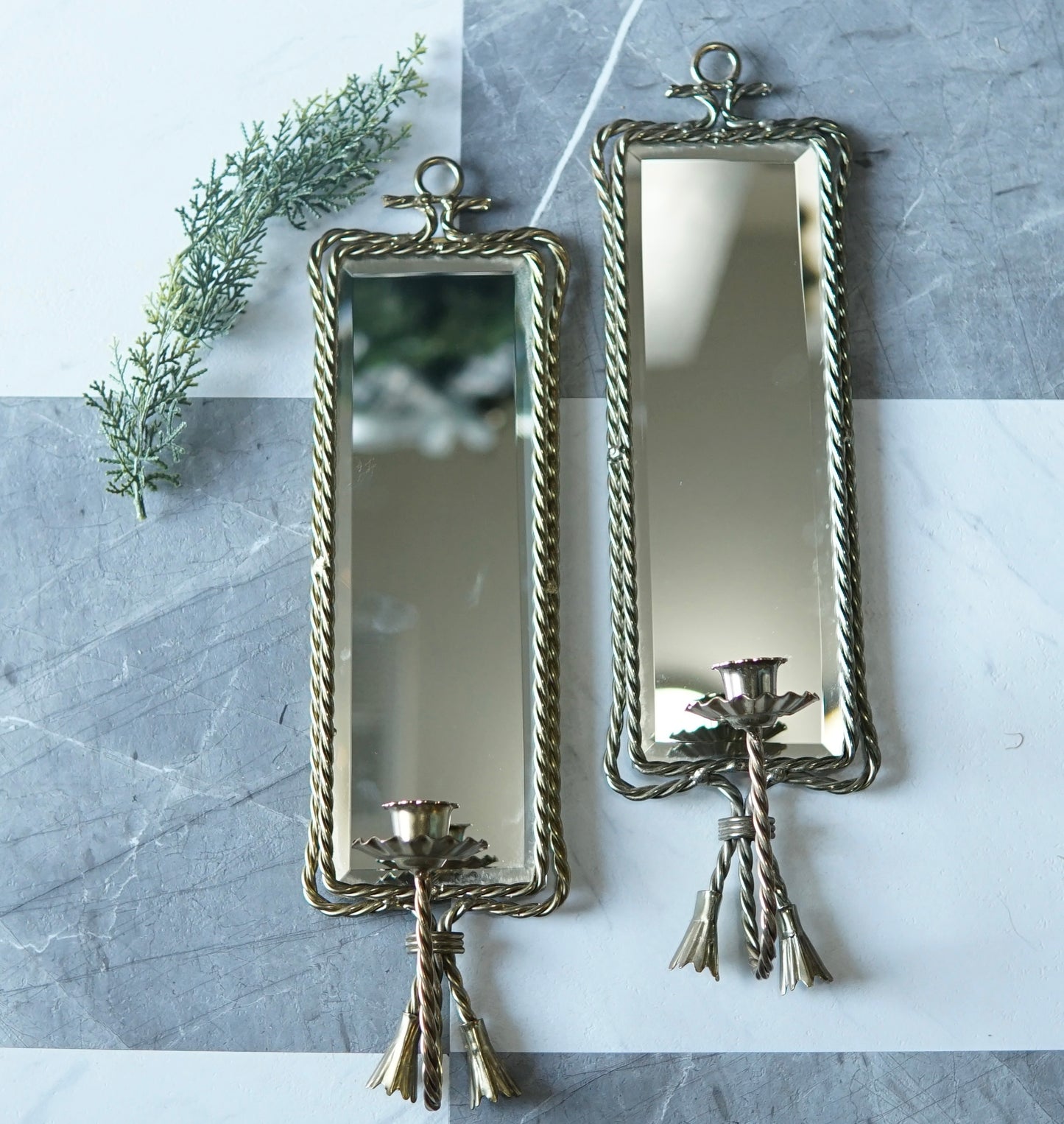 Mid-Century Brass Mirror Sconce Set